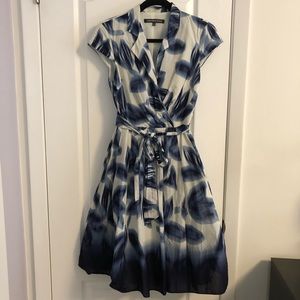 Retro-style faux wrap blue and white floral dress